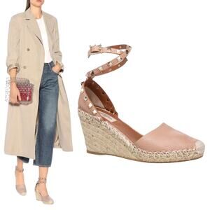 Valentino Garavani Rockstud Double Leather Wedge Espadrille Pink Size 39